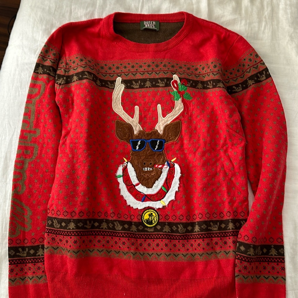 Dutch Bros Christmas sweater.